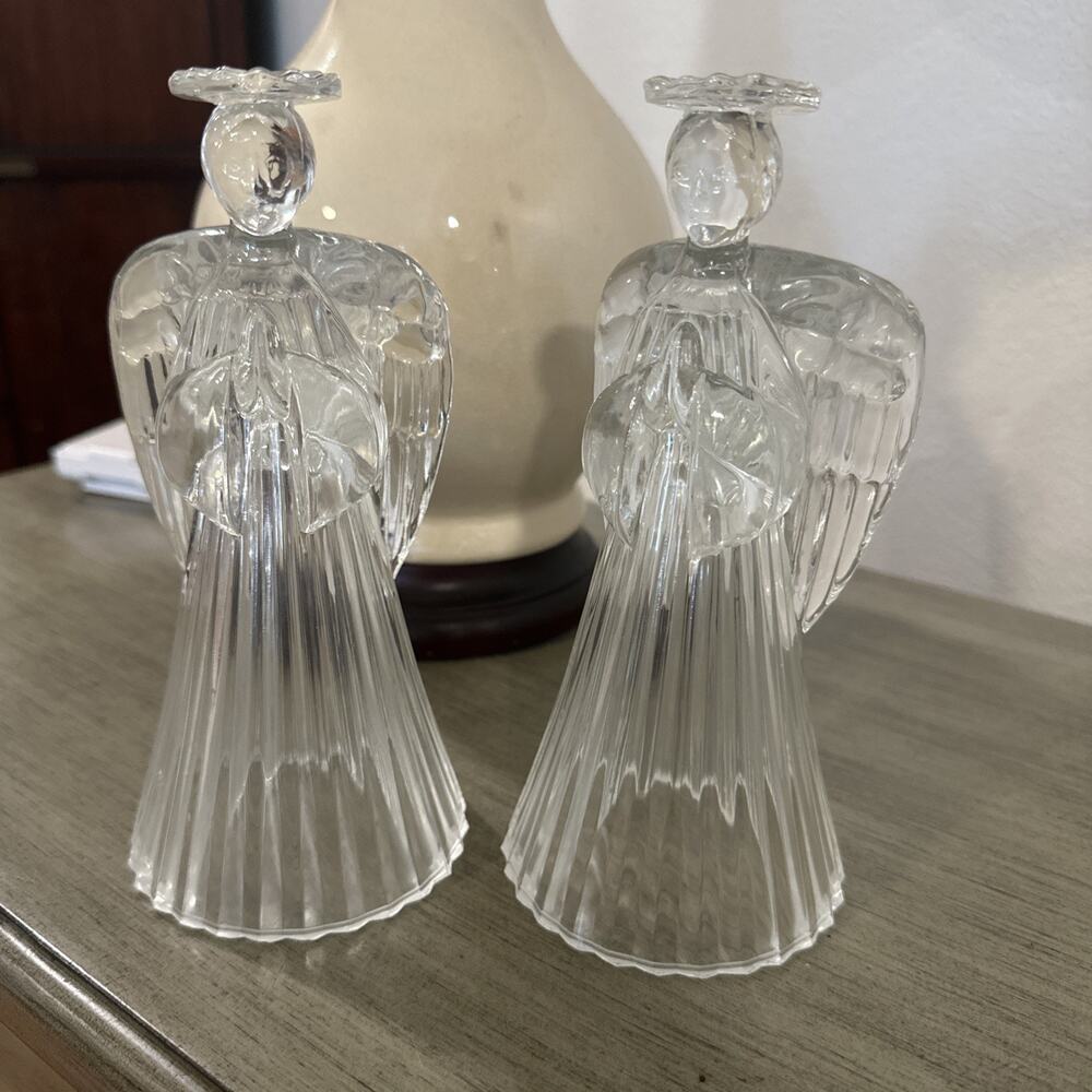 Crystal Christmas Praying Angel Taper Candle Holders 7.25" Set of 2 Vintage